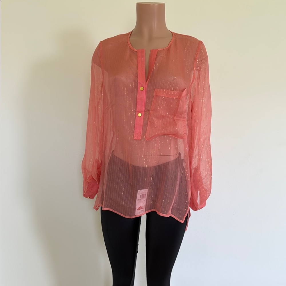 Orange Sheer Long Sleeve Blouse with Mandarin Collar